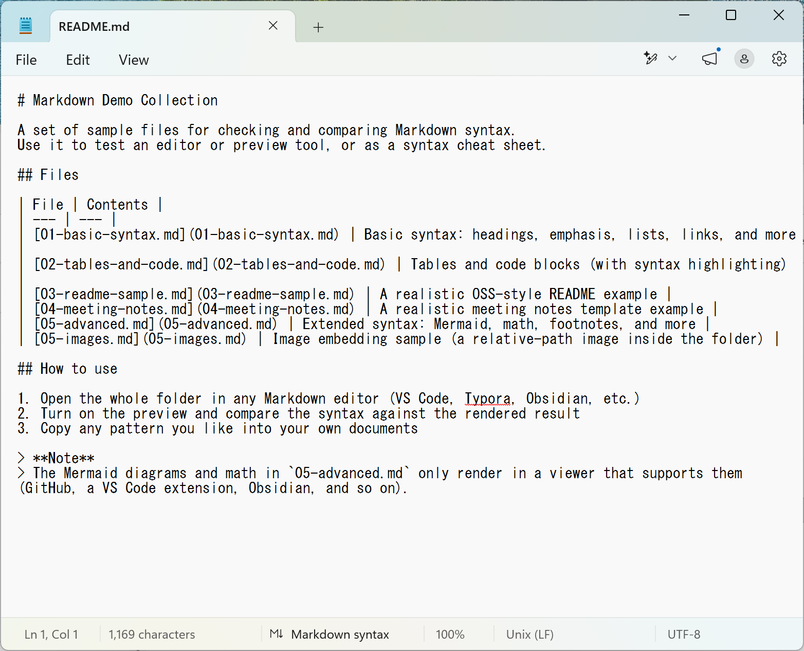 An .md file opened in Notepad, full of raw symbols