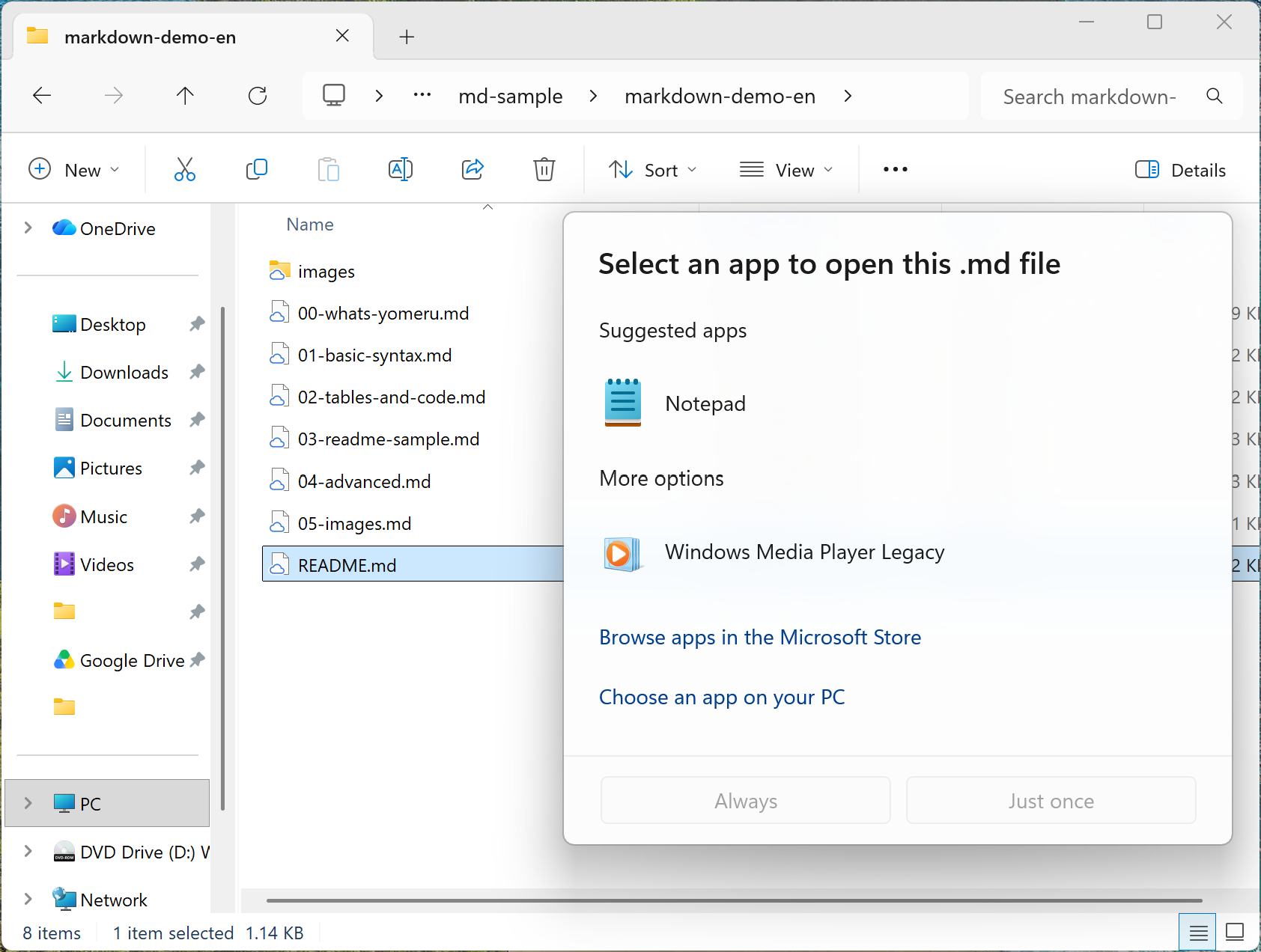 The Windows dialog asking which app to use to open the file