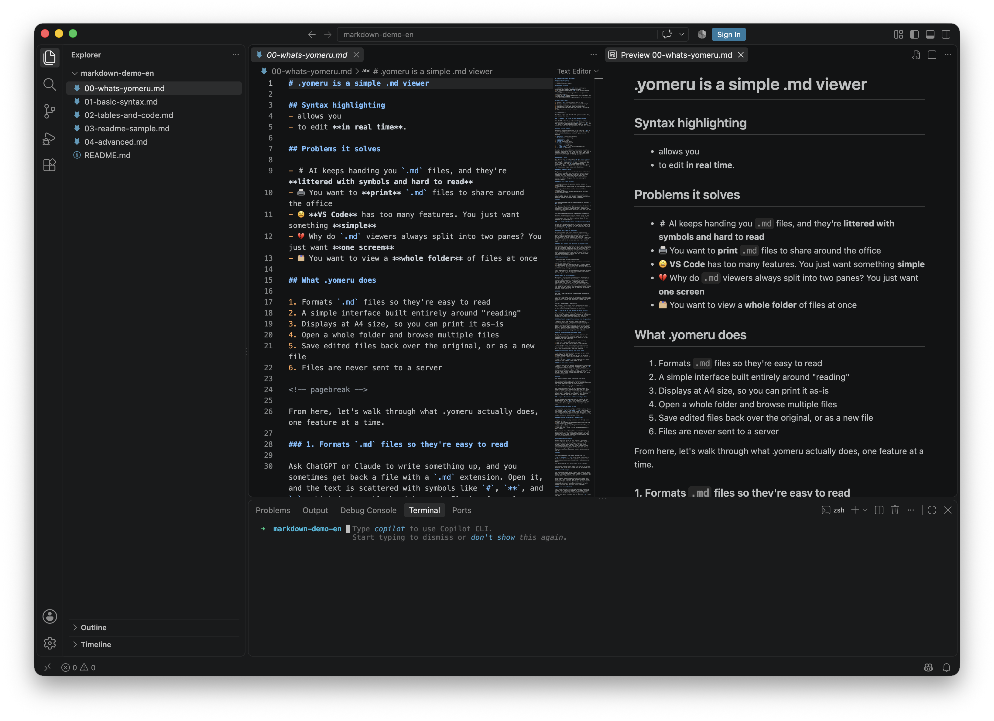 VS Code's editor interface, with icons for Explorer, Search, Source Control, Run and Debug, and Extensions lined up on the left, plus a terminal panel at the bottom