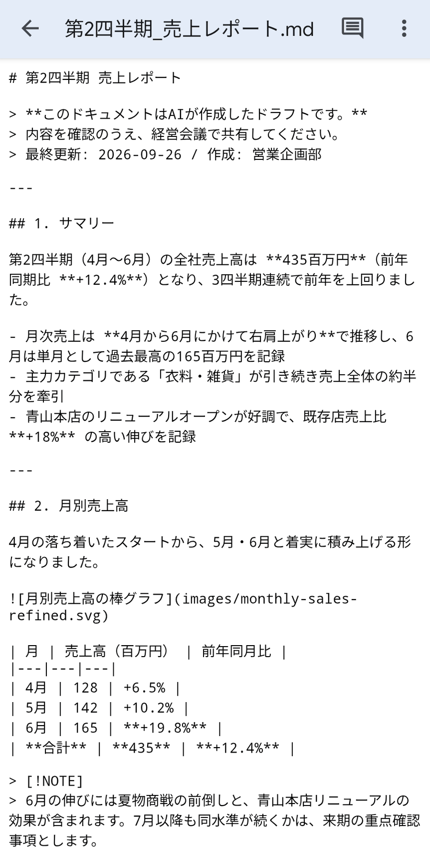 AndroidのGoogleドライブアプリで.mdファイルを開いた画面。#や**、表の縦棒などの記号がそのまま表示されている