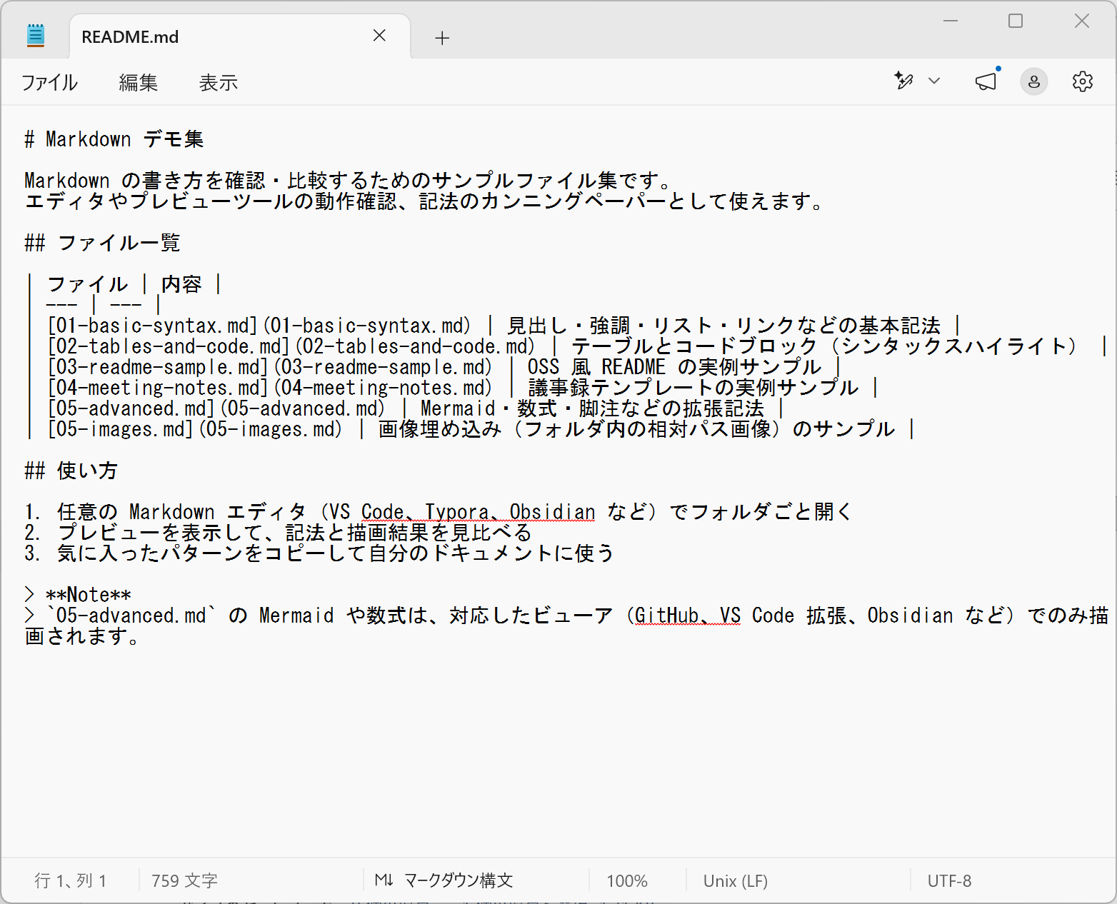 メモ帳で.mdを開いた、記号だらけの画面