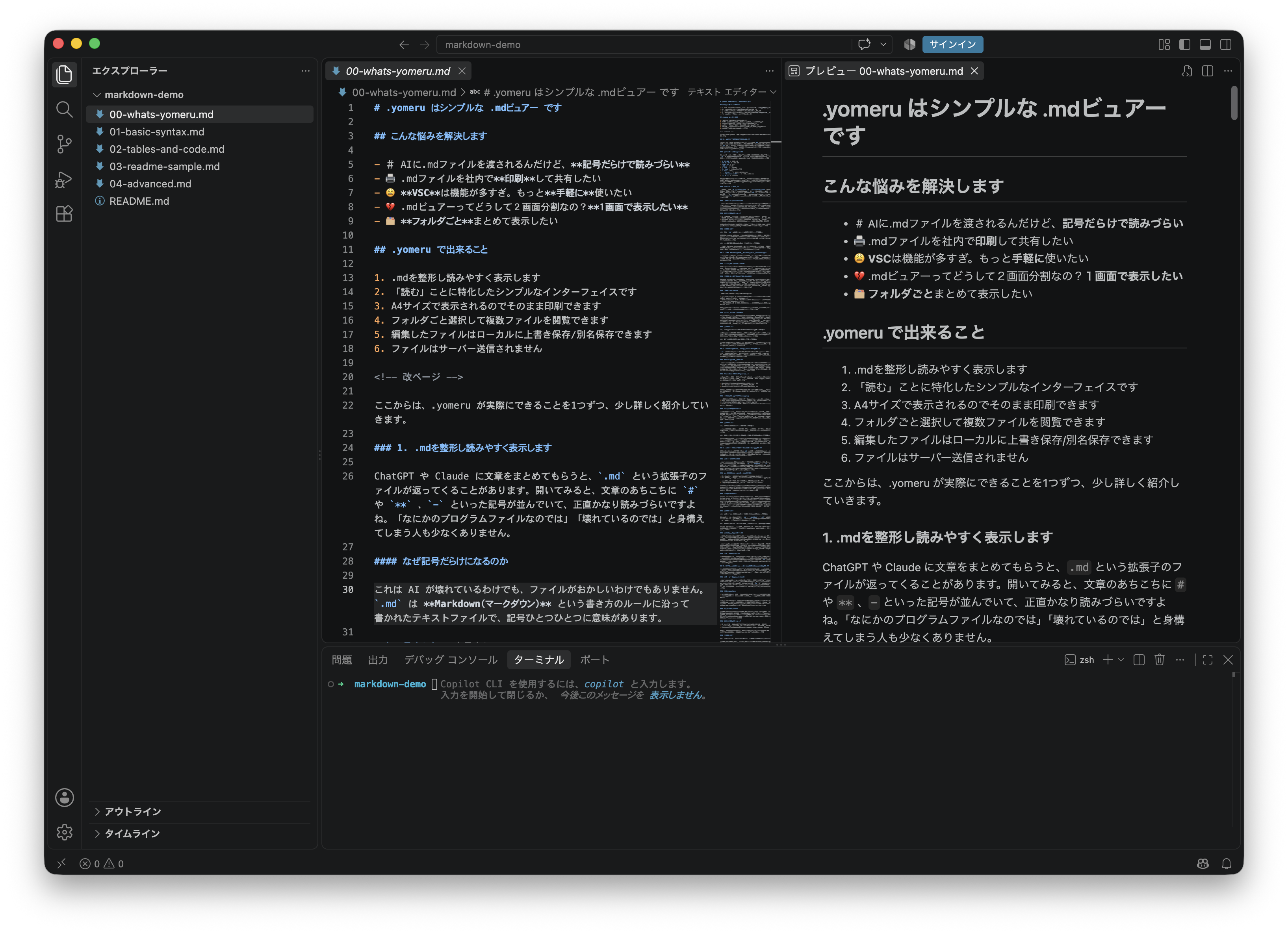 VSCodeの操作画面。左端にエクスプローラー・検索・ソース管理・実行とデバッグ・拡張機能のアイコンが並び、画面下部にはターミナルパネルも表示されている