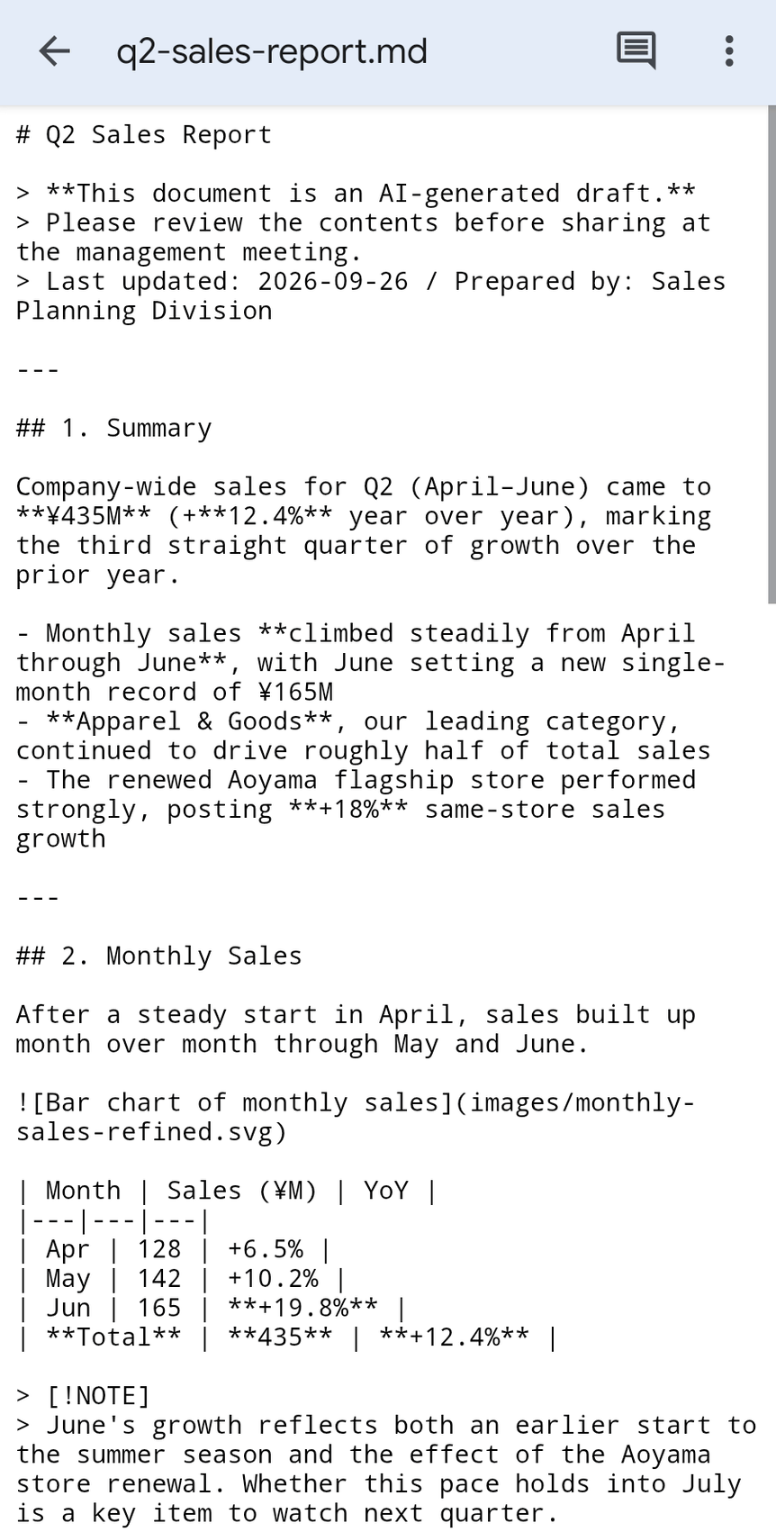 A .md file opened in the Google Drive app on Android. The #, ** and table pipes appear as they are