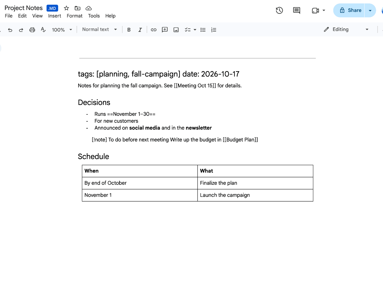 The same note opened in Google Docs. The tags and date at the top have become a heading, and the link, highlight, and callout symbols appear as they are