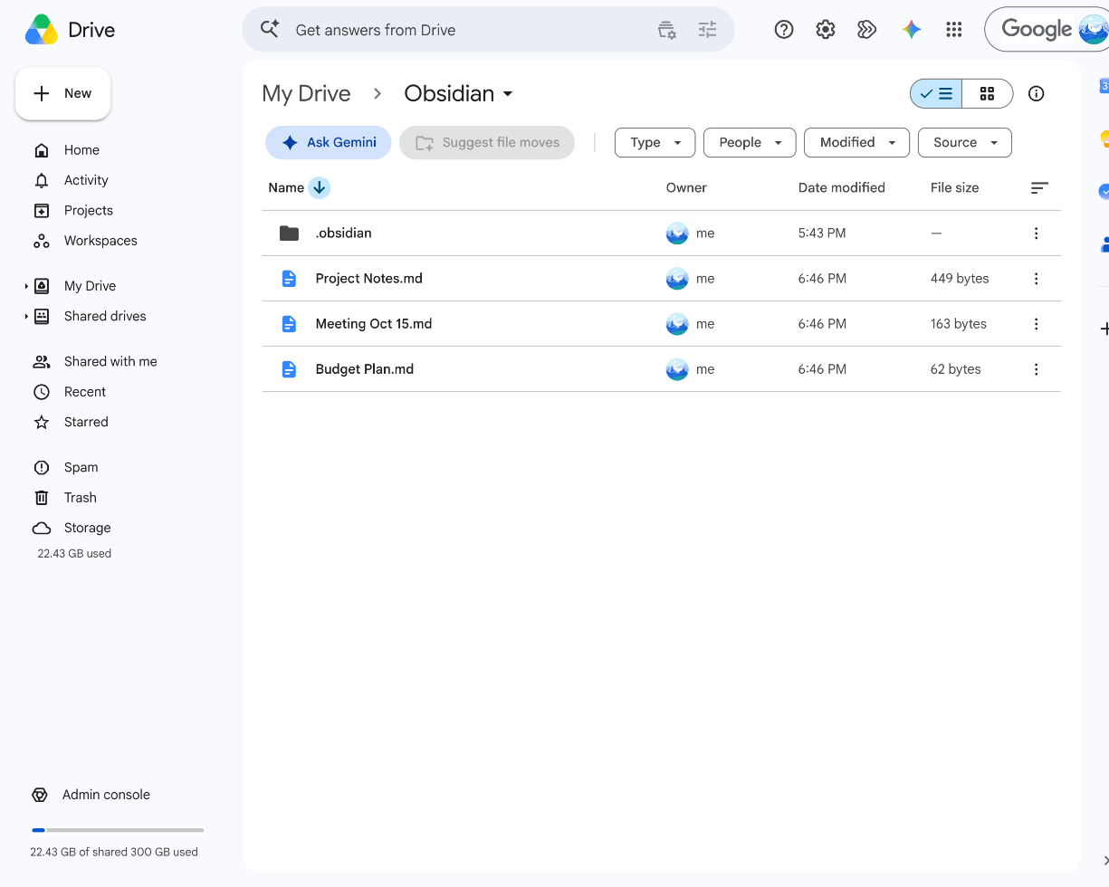 The same folder in Google Drive in the browser. Three .md files and a ".obsidian" folder are listed