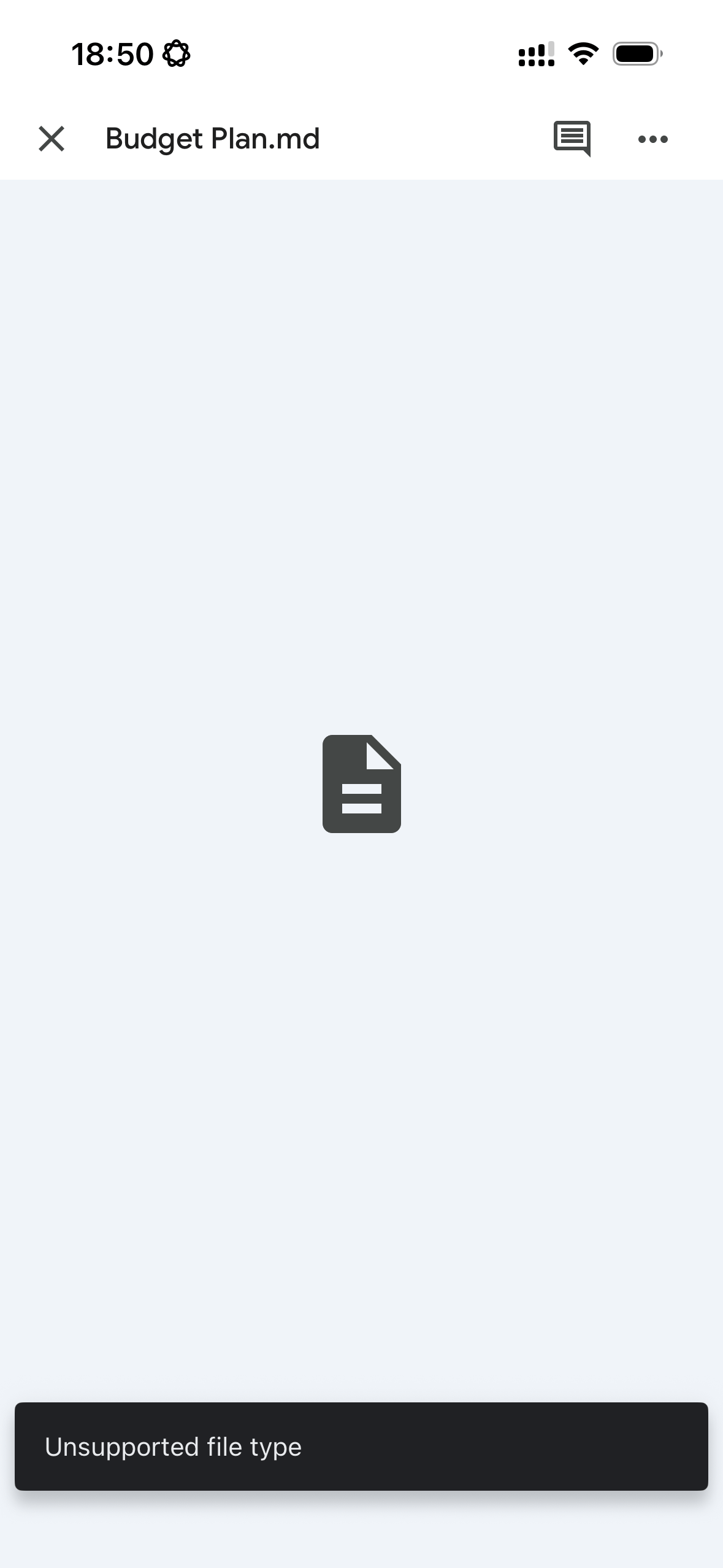 A .md file opened in the Google Drive app on iPhone. The contents aren't shown, and "Unsupported file type" appears at the bottom