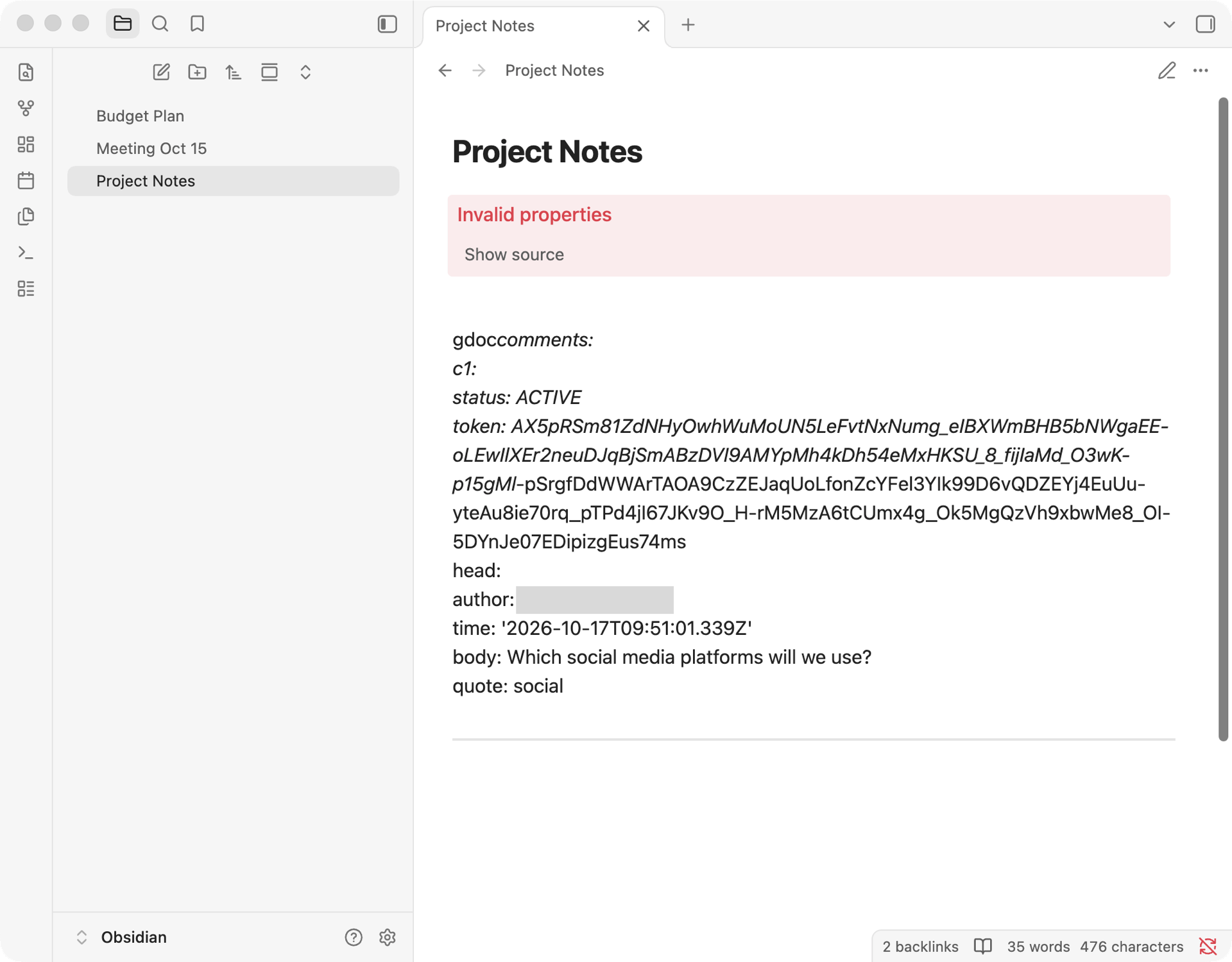 The note opened in Obsidian after a comment was added. "Invalid properties" is shown, and comment data appears in place of the note