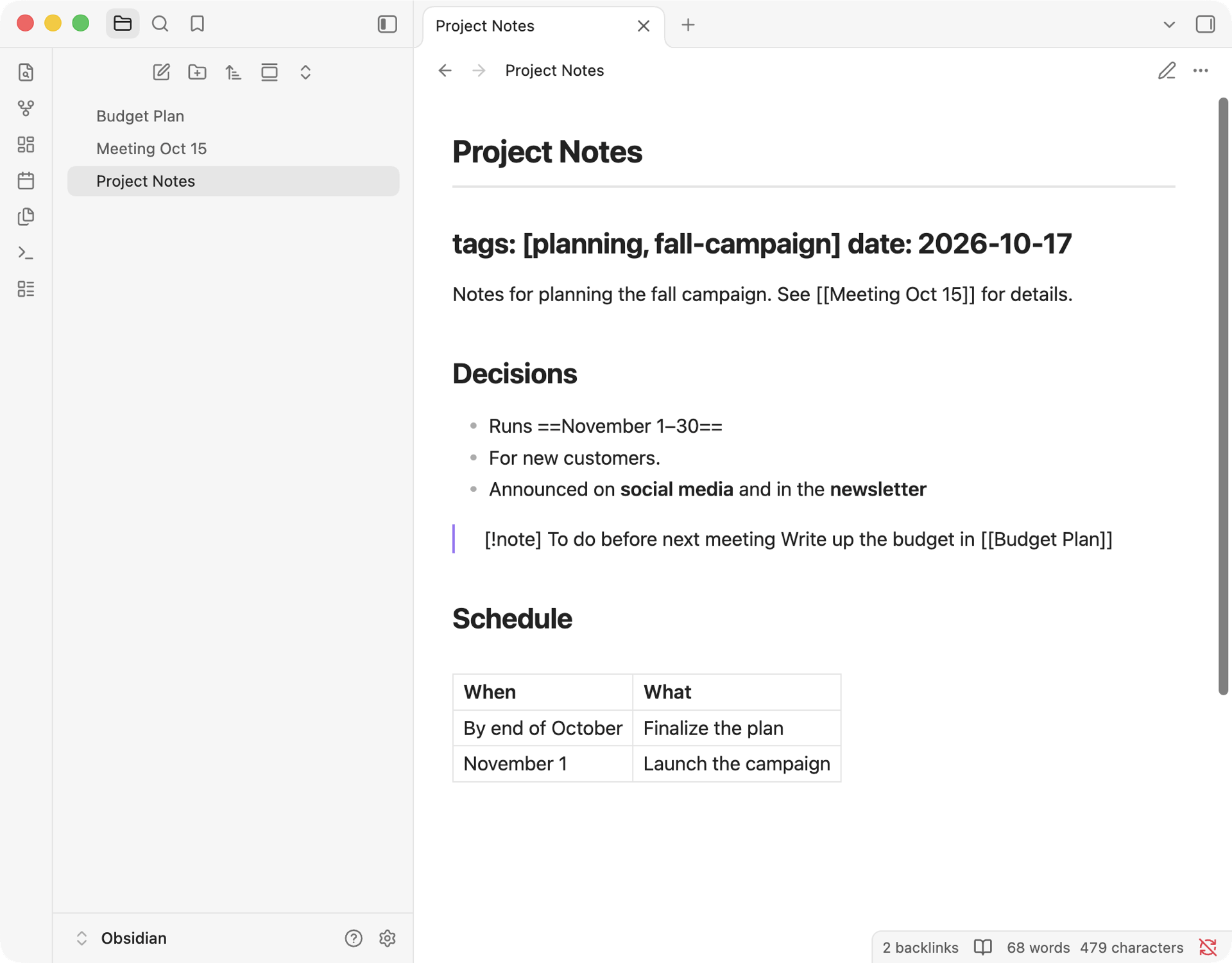 The note opened in Obsidian after changing one character in Google Docs. The tags and date are now a heading, and the link and highlight symbols appear as they are