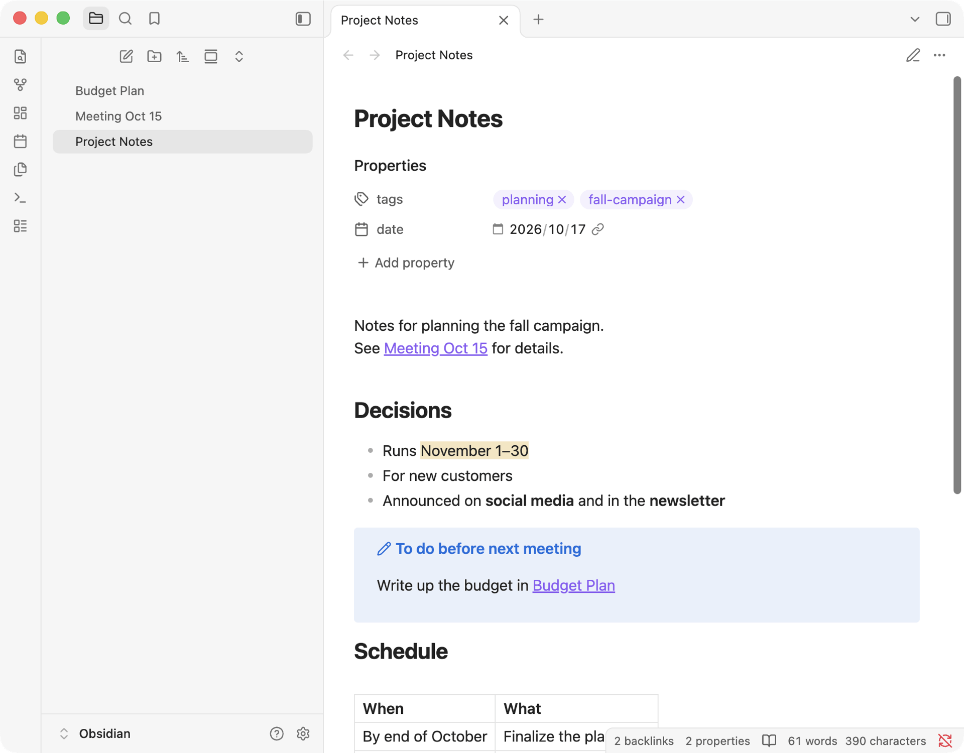 A note opened in Obsidian. Tag and date properties, links between notes, highlights, and a callout box all display correctly