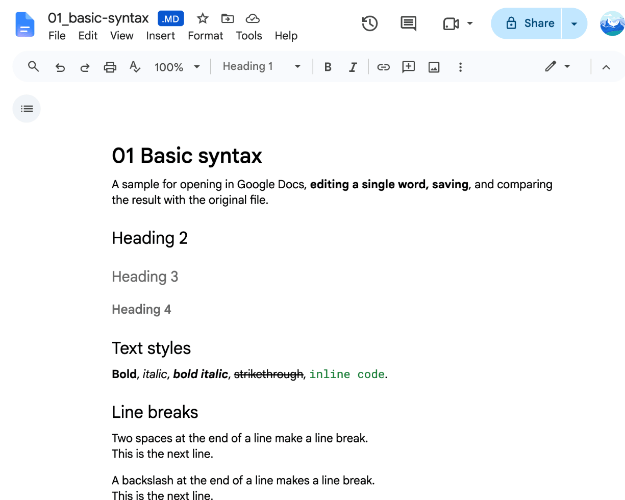 A .md file opened in Google Docs. A ".MD" label appears next to the file name