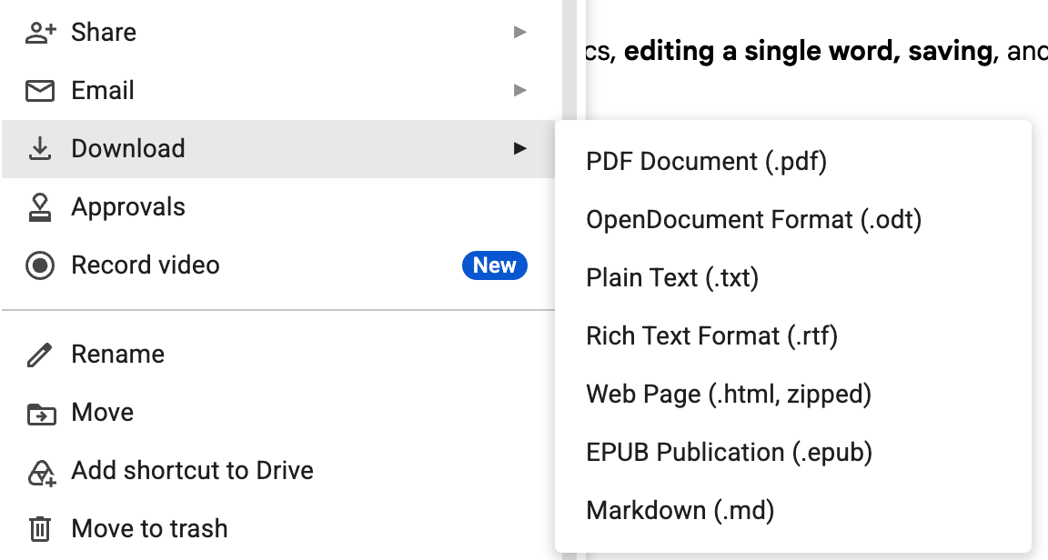 The File > Download menu: PDF, OpenDocument, Plain text, Rich text, Web page, EPUB, and Markdown. No Word