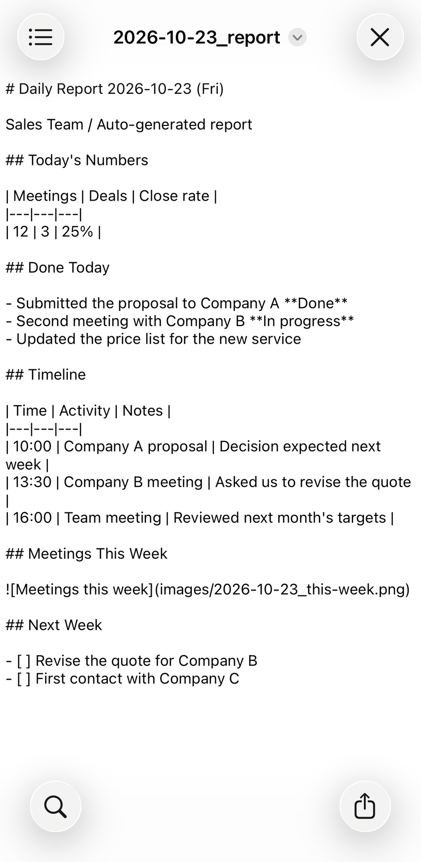 The iPhone Files app showing a .md file. The #, ** and table pipes appear as they are