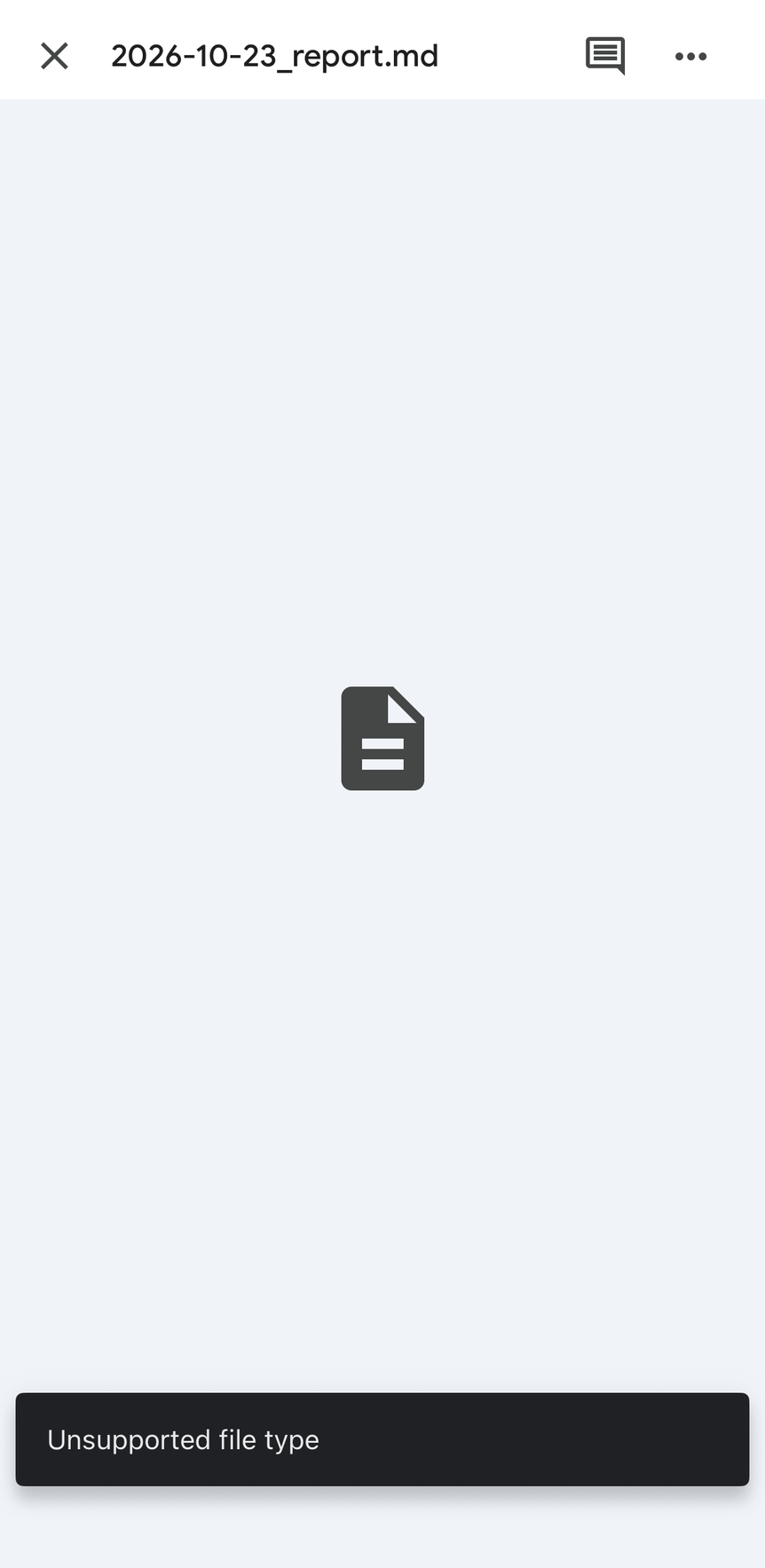 The Google Drive app after tapping a .md file. It shows "Unsupported file type"
