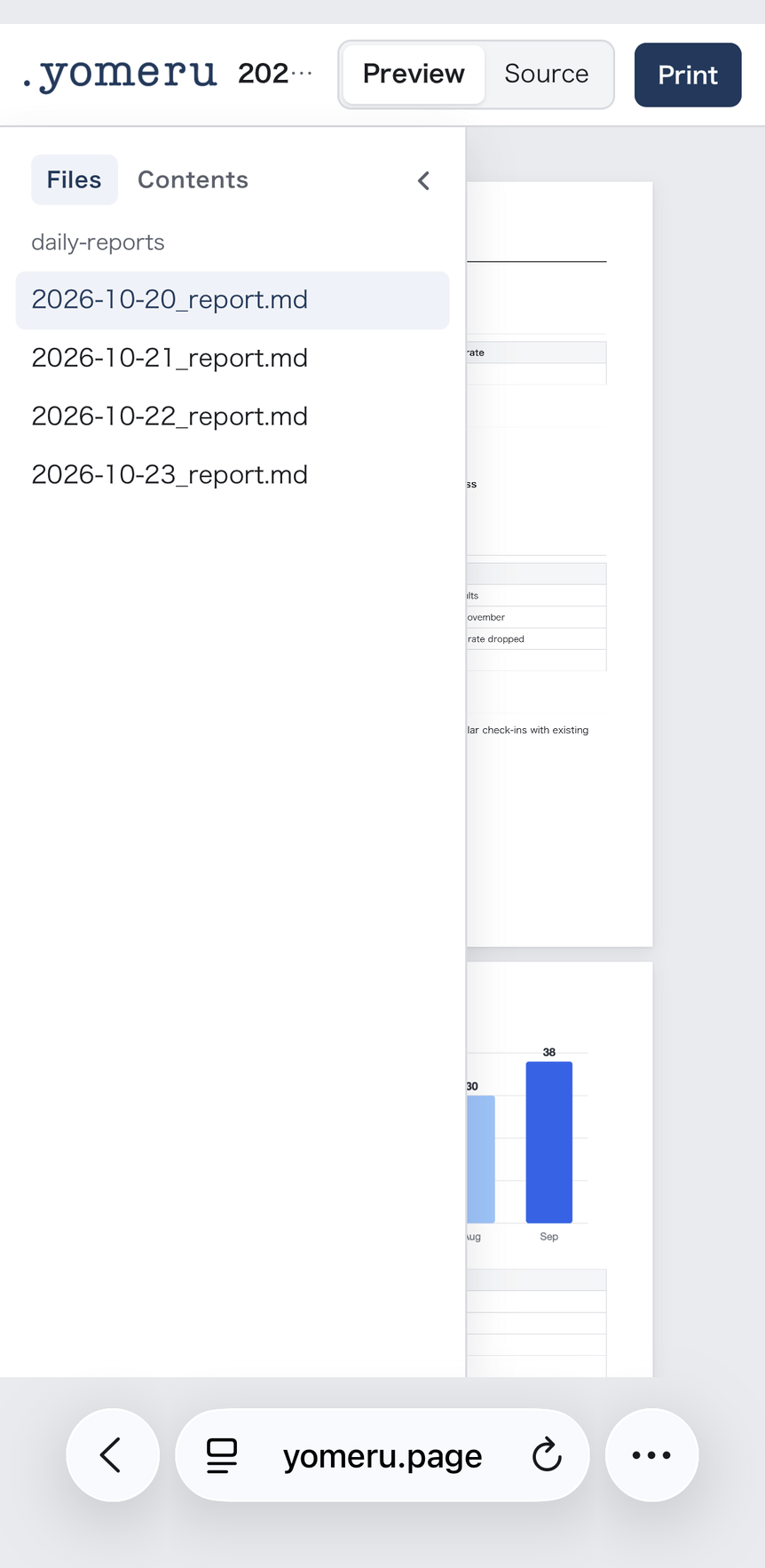 The left side of yomeru, listing the daily report files in the folder by date