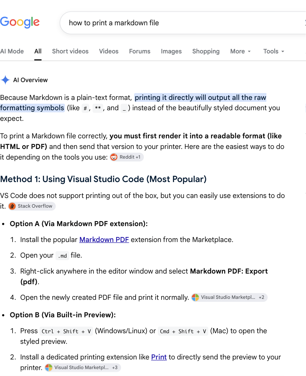 Because Markdown is a plain-text format, printing it directly will output all the raw formatting symbols instead of the styled document you expect. To print a Markdown file correctly, you must first render it into a readable format like HTML or PDF, then send that version to your printer. Method 1: Using Visual Studio Code (Most Popular). VS Code does not support printing out of the box, but you can use extensions. Option A (Via Markdown PDF extension): 1. Install the popular Markdown PDF extension from the Marketplace. 2. Open your .md file. 3. Right-click anywhere in the editor and select Markdown PDF: Export (pdf). 4. Open the newly created PDF file and print it normally. Option B (Via Built-in Preview): 1. Press Ctrl+Shift+V (Windows/Linux) or Cmd+Shift+V (Mac) to open the styled preview. 2. Install a dedicated printing extension like Print to send the preview straight to your printer.
